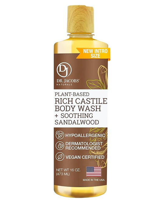 Dr. Jacobs Naturals Pure Castile Soap Liquid Body Wash, Sandalwood - Plant Based Soap Infused with Vitamin E and Aloe Vera to Moisturize Dry and Sensitive Skin - Made in The USA - 16 oz