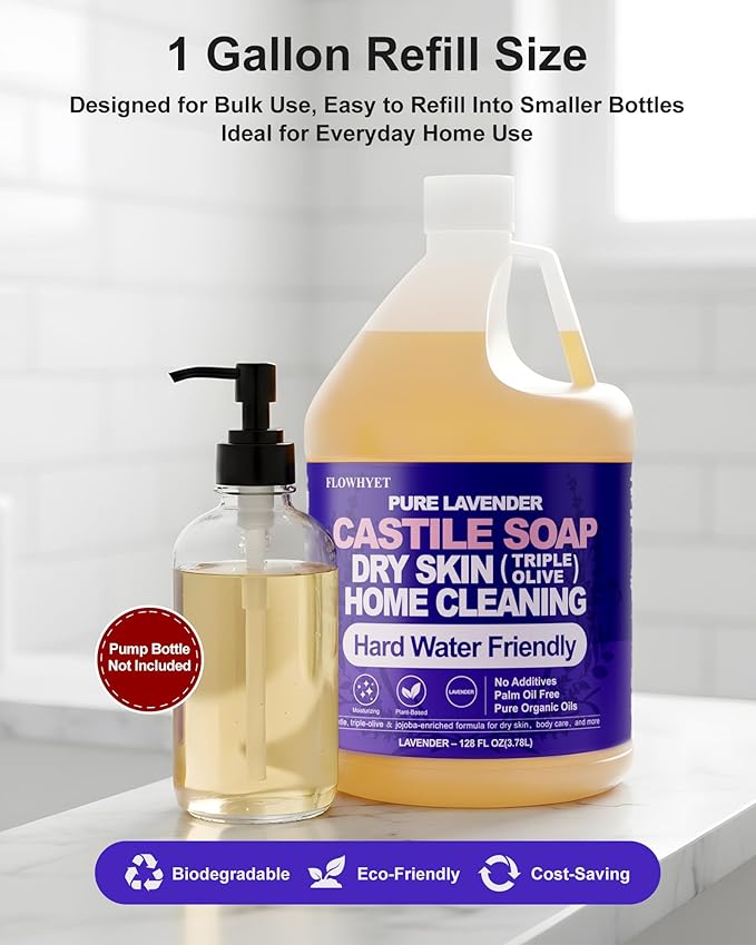 1 Gallon Pure Castile Soap Liquid Lavender, Natural Organic Hand Soap, For Dry Skin, Hand, Face, Body ＆ Home Cleaning, Vegan Hard Water Friendly- 128 fl oz