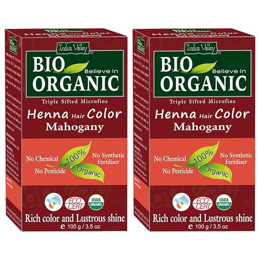 Indus Valley Bio Organic Natural Henna Hair Color For Grey Hairs -100gm, 100% Gray Hair Coverage And Long Lasting Hair Dye | Mahogany Vegan and Cruelty-Free-Pack of 2