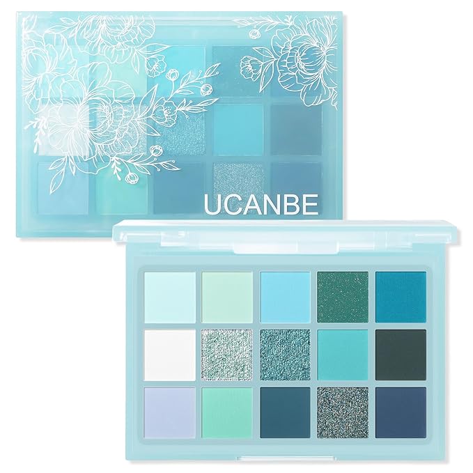 UCANBE 15 Color Eyeshadow Palette – Shimmer Matte Glitter Metallic Cool Tones Shades in White, Blue, Green, Mint, Teal, Navy – High Pigmented Blendable Eye Makeup Palette Kit