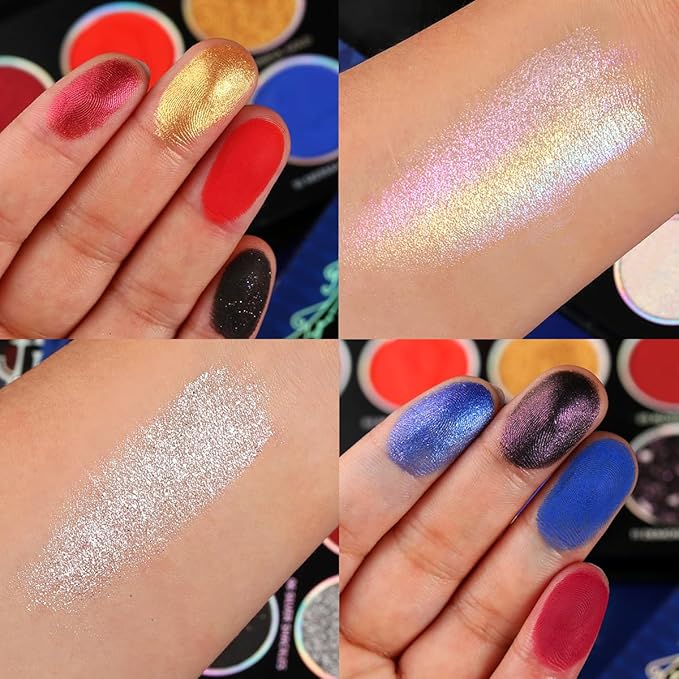 DE'LANCI Red Blue Multichrome Eyeshadow Palette, High Pigment Metallic Silver Shimmer Eyeshadow for Goth, Clown/Joker Smoky Makeup, Longwear Vegan Chameleon Iridescent Black Halloween Cosplay Party