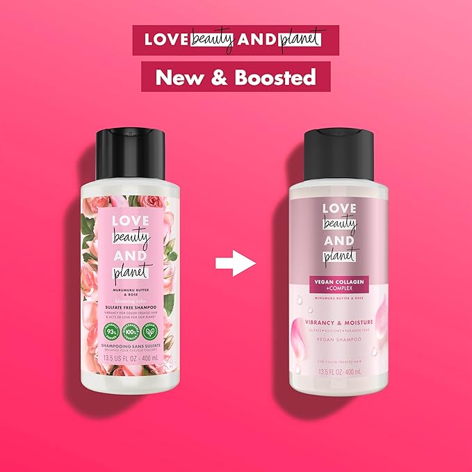 Love Beauty and Planet Vegan Collagen Moisture Shampoo Murumuru Butter & Rose Pack of 4 for Color-Treated Hair Vibrancy, 13.5 oz