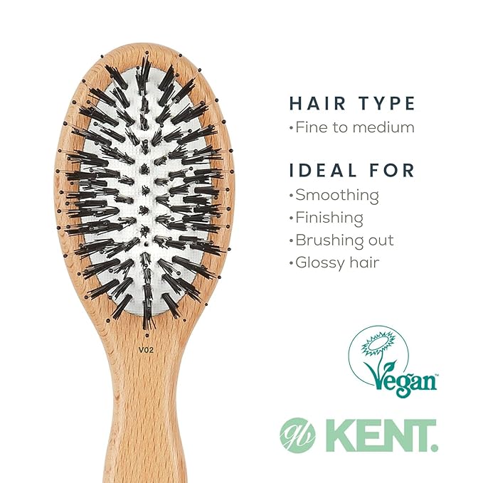 Kent V02 Vegan Boar Bristle Hair Brush with Nylon Pins, Organic Hair Brush for Styling and Detangling, Paddle Brush Ideal for All Hair Types (Small)