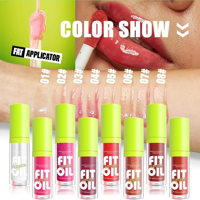 8 Colors Big Brush Head Lip Oil, Smooth Glossy Lip Glow Oil, Ultra-Hydrating & Nourishing, Long Lasting Fresh Transparent Tinted Plumping Lip Oil, Non-Sticky Formula (SetA+B)