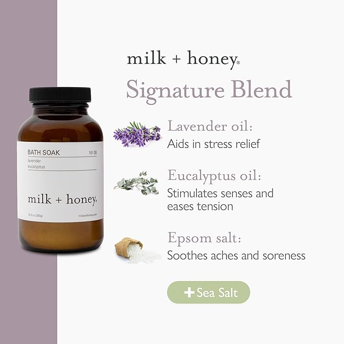 milk + honey No. 8 Calming Bath Soak – Moisturizing Epsom Salt with Lavender & Eucalyptus – Relaxing Aromatherapy Soak for Sore Muscles, Dry Skin & Stress Relief – 10 oz
