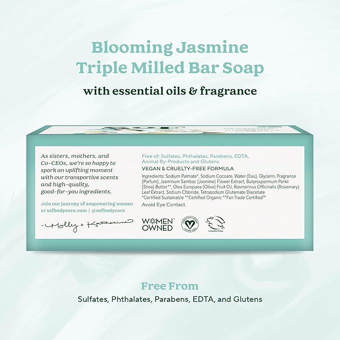 SoF Triple Milled Bar Soap - With Coconut Oil & Organic Shea Butter- Vegan & Non GMO- Free From Phthalates, Sulfates & Parabens- Blooming Jasmine - 6 oz Bar 6 Bars