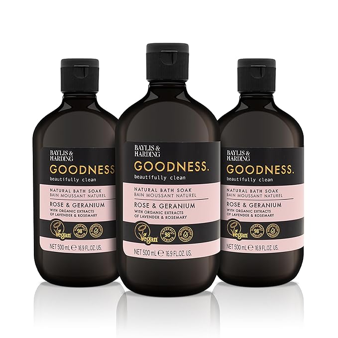 Baylis & Harding Goodness Rose & Geranium Natural Bath Soak 16.9 fl. oz (Pack of 3) - Biodegradable Formula - Vegan Friendly