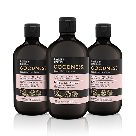 Baylis & Harding Goodness Rose & Geranium Natural Bath Soak 16.9 fl. oz (Pack of 3) - Biodegradable Formula - Vegan Friendly