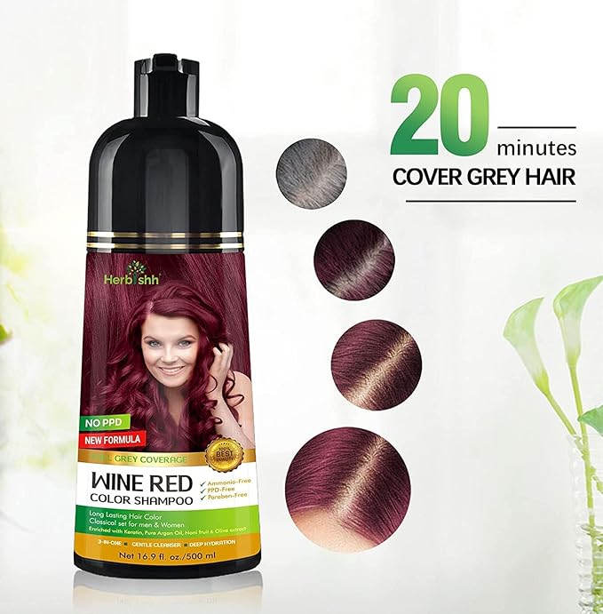 Herbishh Color Shampoo for Gray Hair Coverage (Wine Red) –Hair Dye 3-in-1 Shampoo- Colors in Minutes – Lasts Up To 2-3 Weeks – 500 mL – Ideal for Men & Women