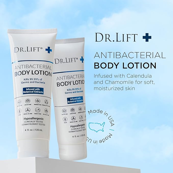 Antibacterial Body Lotion, Hypoallergenic Formula with Vitamin C & E, Calendula and Chamomile, Gentle on Skin, Non Greasy and Fast Absorbing, Vegan, Paraben Free, Mineral Oil Free, 4 Fl Oz