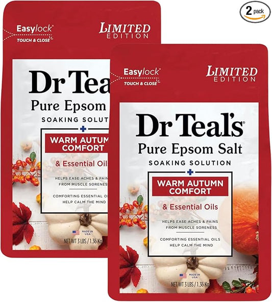 Dr Teal's Warm Autumn Comfort Pure Epsom Salt Soak, 3 lbs Each | 2 Pack of Limited Edition Fall Scent (Autumn)