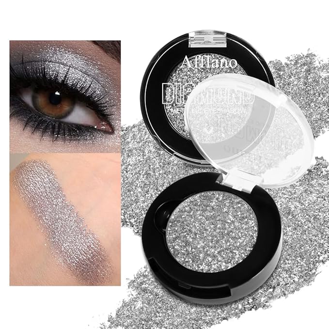 Silver Glitter Eyeshadow Single, High Impact Gray Silver Sparkle Eyeshadow for Smokey Eyes, Blendable Pigmented Long Lasting Metallic Eye Shadow, Shiny Minerals Pressed Powder Eye Glitter, Vegan #11H