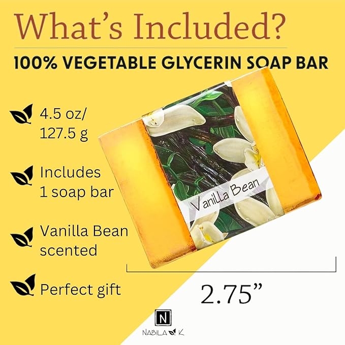 Glycerin Bar Soap Vanilla Bean Scent - Natural, Vegan-Friendly, Hypoallergenic - Moisturizing and Hydrating with 100% Vegetable Glycerin - Sulfate-Free, Paraben-Free, Chemical-Free - 4.5 oz