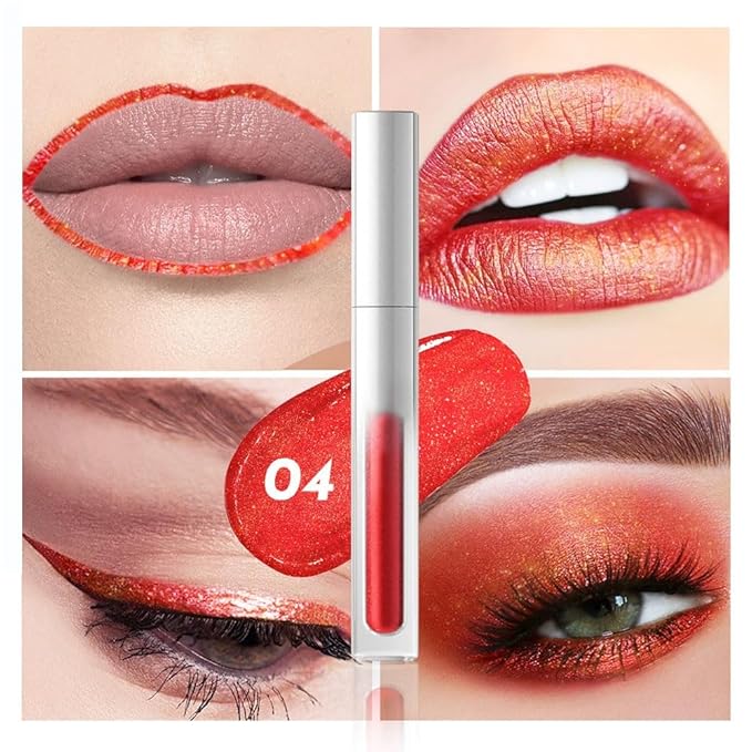 Pearlescent Metallic Lip Gloss & Liquid Eyeshadow 2-in-1, Long Lasting Waterproof Glitter Lipstick, Shimmer Lip Color, High Pigment Metallic Glitter Eyeshadow Makeup for Women 04