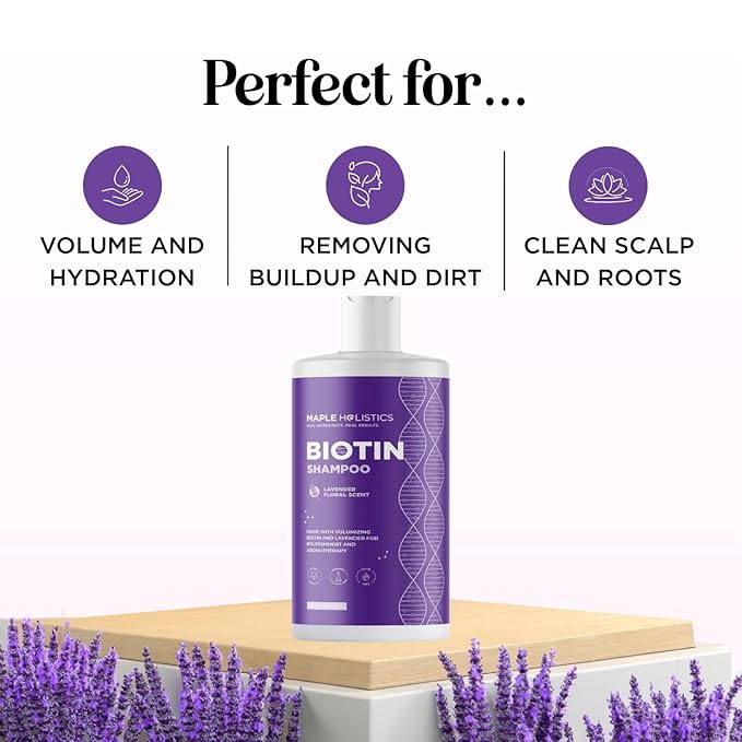 Lavender Biotin Shampoo for Thinning Hair - Volumizing Shampoo for Fine Hair with B Vitamins Rosemary Argan Primrose & Tea Tree Oils - Paraben Silicone and Sulfate Free Vegan Formula (16 Fl Oz)