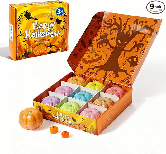 Halloween Bath Bombs for Kids Gifts: 9 Pcs Pumpkin Bath Bomb with Toys Inside Surprise Spider Light up Bath Toy Spooky Basket Stuffers for Kid Boys Girls Ages 3+ Bubble Fall Shower Steamers Bathroom