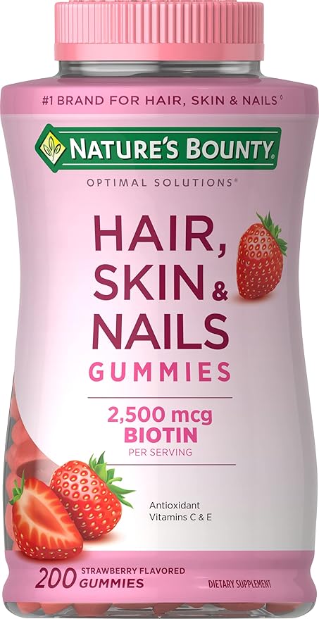 Nature's Bounty Optimal Solutions Hair, Skin and Nails Gummies with Biotin, 2500 mcg, Strawberry Flavored, 200 Count, 100 Total Servings