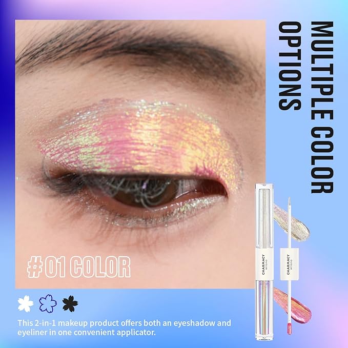 CHARMACY 2 in 1 Starlit Duochrome Liquid Eyeshadow, Glitter Sparkle Colorful Liquid Eyeliner, Quick Drying, High Pigmented, Long lasting Holographic Glitter Multichrome Eye Makeup #01