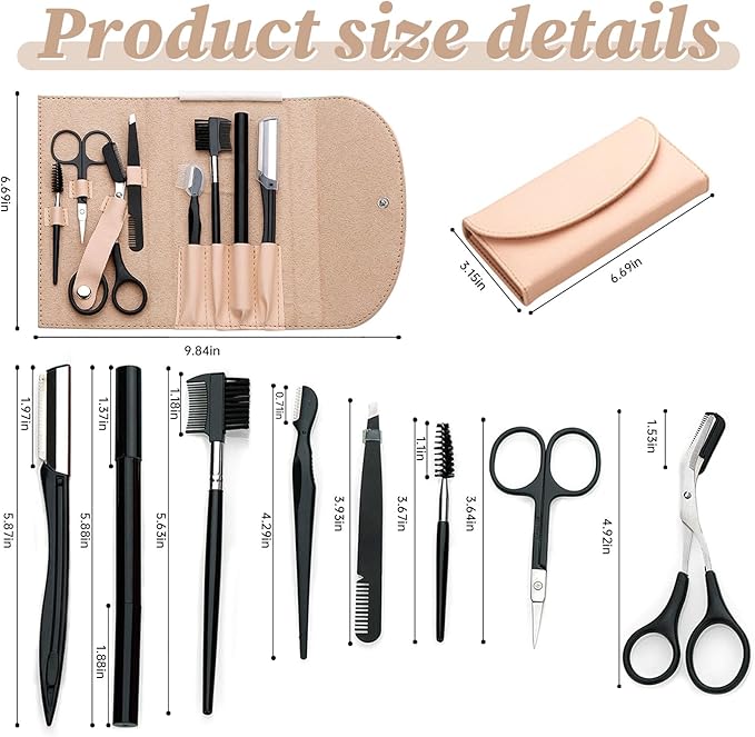 8PCS/SET Professional Eyebrow Shaping Grooming Kit - Beauty Tools Set with Leather Bag Eyebrow Grooming Kit for Women & Men, Eyebrow Trimming Kit With Razor Eyebrow Scissors and Brush with Comb Khaki