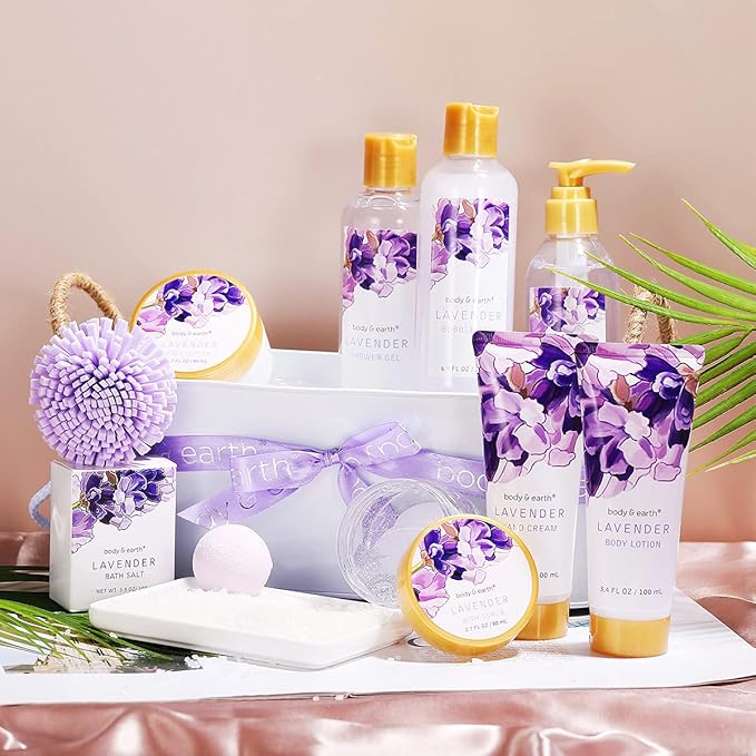 BODY & EARTH Lavender Spa Gift Baskets for Women Luxurious Gifts for Women Bath and Body Gift Sets 11pcs Bath Sets for Women Gift Mother's Day Gifts