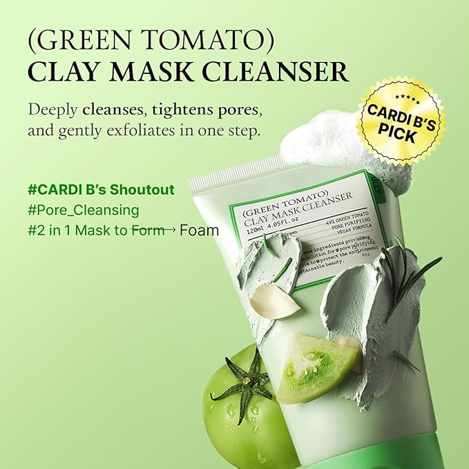 FULLY Green Tomato Facial Cleanser, Cardi B’s Clay Mask Cleanser for Deep Pore Cleanse & Pore Detox, Blackhead & Sebum Control, Gentle Face Wash for Women, Korean Skincare