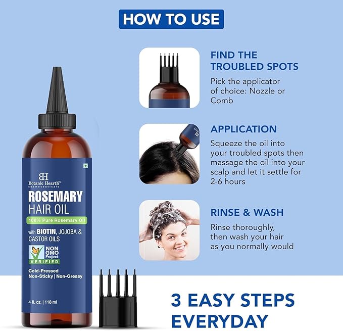 Botanic Hearth Hair Oil for Hair Growth | Rosemary Oil for Hair Growth with Biotin, Castor & Jojoba | Hair Relaxers & Dry Scalp Treatment | Color Safe | All Hair Types | 4 Fl Oz