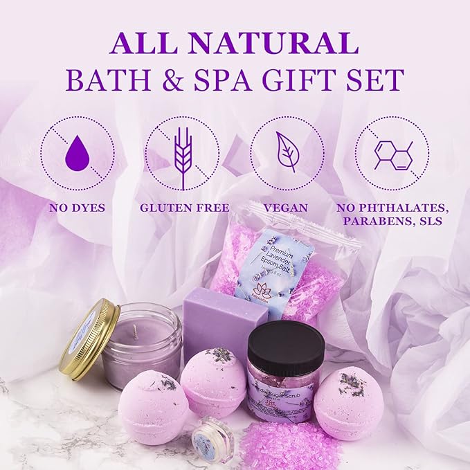 Gift Basket for Women Organic Lavender Gift Set, Bath and Body at Home, Spa Kit, Soy Wax Candle, Natural Oil Bath Salt, 3 Bath Bombs, Soap Bar, Body Sugar Scrub, for Mom, Girls - Made in USA