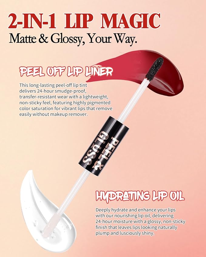 2 In 1 Peel Off Lip Stain Oil Set, Dual Ended Waterproof Long Wear Tattoo Lipliner with Clear Lip Gloss, Transfer-Proof and Non Sticky Peel Off Lips Tint Stain, Matte & Mirror Finish Lipstick-05