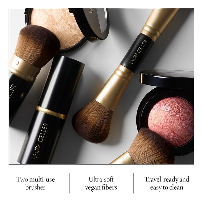 LAURA GELLER NEW YORK Cosmetic Professional Makeup Brushes - Cruelty-Free - 08 Face It All 2pc Makeup Brush Set - Kabuki Brush + Dual-Ended Blush and Bronzer Brush