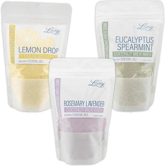 Luxiny Vegan Milk Bath Soak Made with Coconut Milk Powder & Sweet Almond Oil Which Creates A Bath Bomb Dust Soothing Fizz, 8oz (Rosemary Lavender, Eucalyptus Spearmint, Lemon Drop)