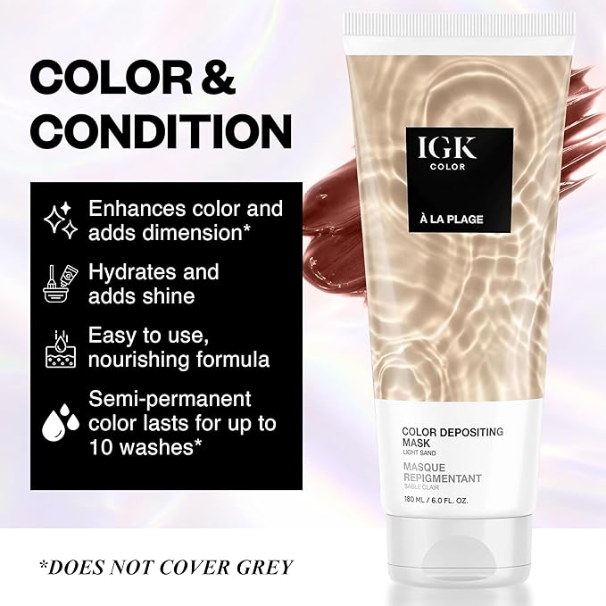 IGK A La Plage Color Depositing + Conditioning Mask | Light Sand - Golden Honey Tones | Hydrating Semi-Permanent Gloss Toner Treatment