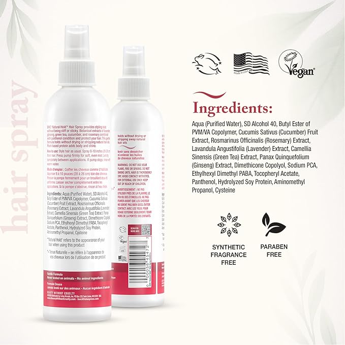 Beauty Without Cruelty Hair Spray, “Natural Hold” – Non-Aerosol Spray with Rosemary, Lavender & Green Tea Extracts, Vegan-Friendly & Cruelty-Free, 8.5 Oz