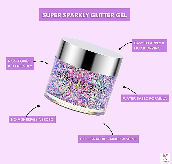 Lilac Purple - Holographic Chunky Glitter Gel for Body, Face, Hair - Vegan & Cruelty Free - Electric Bliss Beauty - Uses Include: Festival Rave Makeup Holidays Cheerleading & More