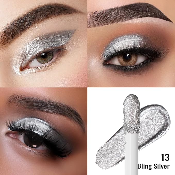 Oulac Liquid Glitter Eyeshadow - Silver Shimmer, Non-Sticky One-Swipe Coverage with Quick-Drying, Crease-Resistant Formula. Vegan & Cruelty-Free (13)