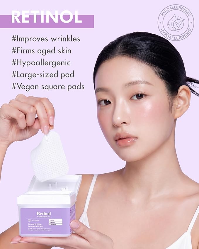 DERMAL Retinol Peptide Lifting Toner Pad 120 Count Bulk, Korean Anti Aging Stretchable Cotton Hole Pad with Bakuchiol and Copper Peptide, 65x70mm Large Square Pad with Tongs, Pore Firming Care