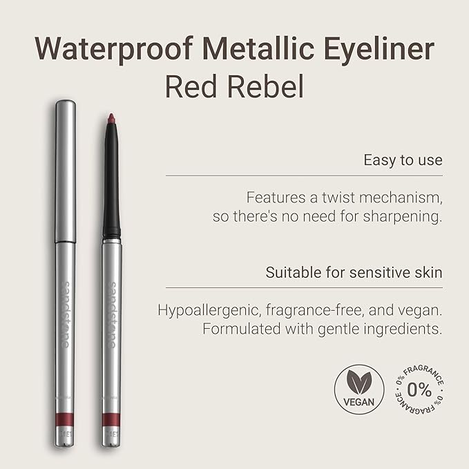 Sandstone Scandinavia Hypoallergenic Waterproof Metallic Eyeliner Pencil – Red – Fragrance-Free, Vegan – Smudge-Proof Eye Liner for Sensitive Eyes