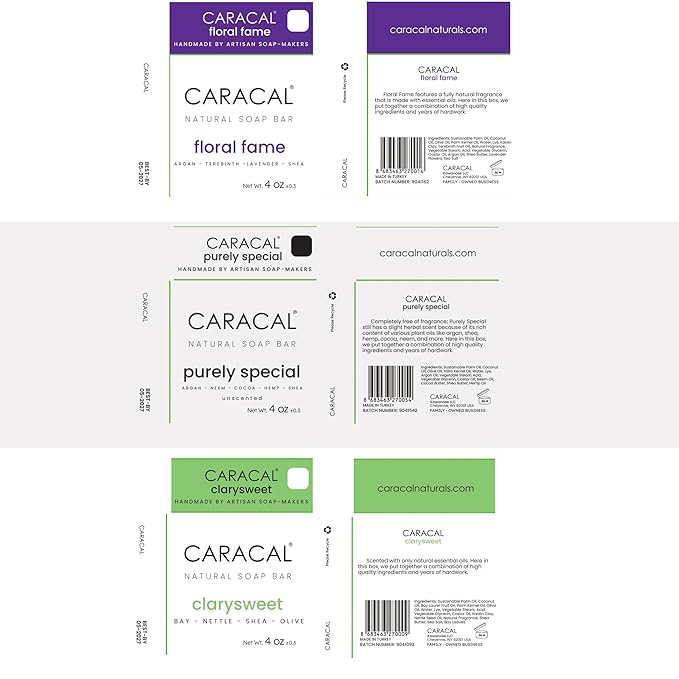 CARACAL 3-Bar Variety Pack, Handmade Vegan All Natural Soap for Men; ClarySweet, Purely Special, Floral Fame