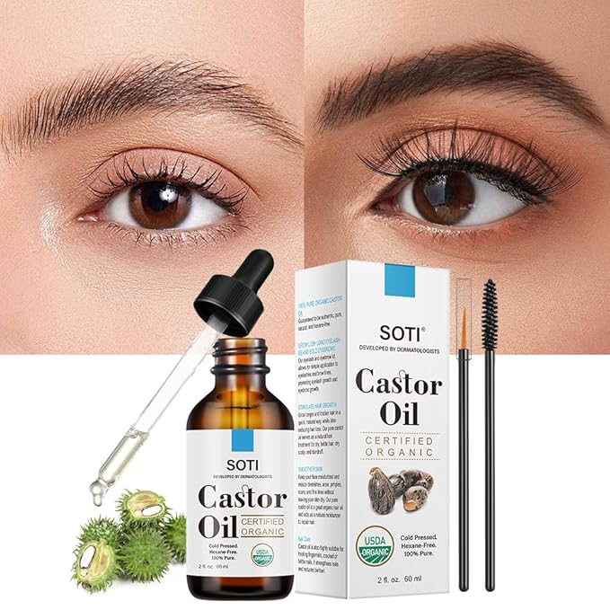 Soti Organic Castor Oil, USDA Certified 100% Pure, Cold Pressed, Hexane Free (2oz), Eyelash Serum for Brows, Eyelashes Growth, Hair, Skin Moisturizer, Vegan, Undiluted, Glass Bottle (2oz)