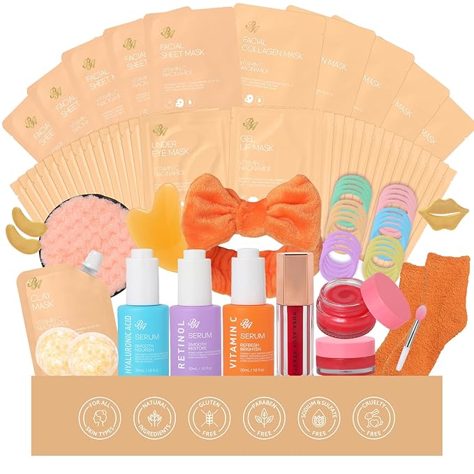 55 Pcs Valentines Day Gifts for Women, Orange Gel Overnight Mask, Skin Care Kit, Self-Care Spa Set, Bath & Body Care Basket Gift Set, Face Sheet Mask, Face Serum, Christmas, Mother Day