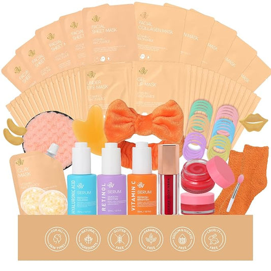 55 Pcs Valentines Day Gifts for Women, Orange Gel Overnight Mask, Skin Care Kit, Self-Care Spa Set, Bath & Body Care Basket Gift Set, Face Sheet Mask, Face Serum, Christmas, Mother Day
