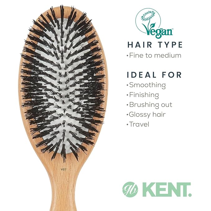 Kent V07 Vegan Boar Bristle Hair Brush, Large Organic Hair Brush for Smoothing and Boosting Shine, Eco Friendly Paddle Brush Ideal for All Hair Types