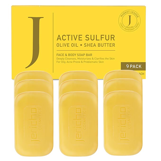 Jericho Dead Sea Sulfur Soap with Olive Oil – Helps with Acne, Psoriasis, Eczema & Blackheads – For Oily to Normal Skin – Vegan Face & Body Bar for Men & Women, 4.4 Oz / 125 g (Pack of 9)