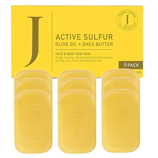 Jericho Dead Sea Sulfur Soap with Olive Oil – Helps with Acne, Psoriasis, Eczema & Blackheads – For Oily to Normal Skin – Vegan Face & Body Bar for Men & Women, 4.4 Oz / 125 g (Pack of 9)