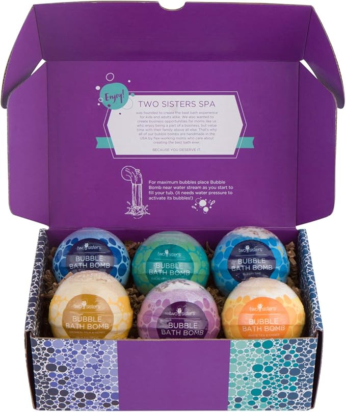 Two Sisters Relaxing Bath Bombs for Women, Girls, Teens & Kids (6 Pack) - Natural Bubble Bomb, Moisturizes Dry Skin, Aromatic Scents, USA Made - Christmas Stocking Stuffers for Women by Two Sisters