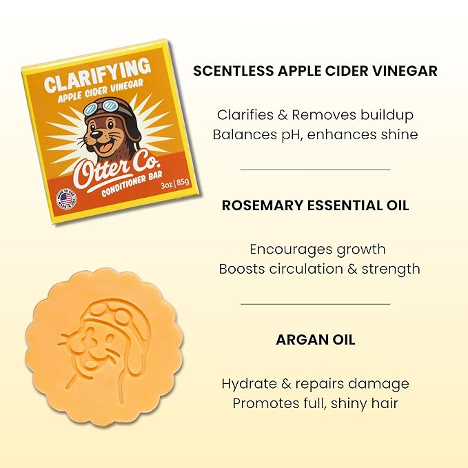 Otter co. Clarifying Apple Cider Vinegar Conditioner Bar – Argan oil, Rosemary, Jojoba & Castor – Hydrating, Vegan, Sulfate Free & Non Toxic – For Women Bar Conditioner, All Hair Types, Made in USA
