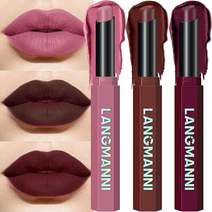 Jolilab 3Pcs Velvet Matte Lipstick Nude Matte Soft Dark Color Stick High Pigmented Long-Lasting Waterproof Lip Stick Lip Balm Beauty Cosmetics Gift for Women(Curated #3+11+12)