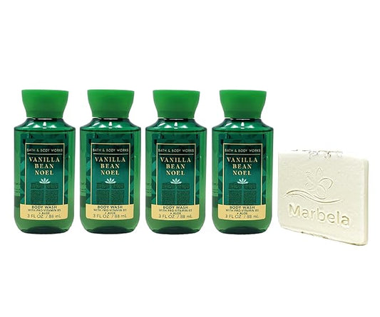 Bath & Body Works Vanilla Bean Noel 4 Piece Mini Body Wash Value Pack with a Natural Oats Sample Soap - Travel Size