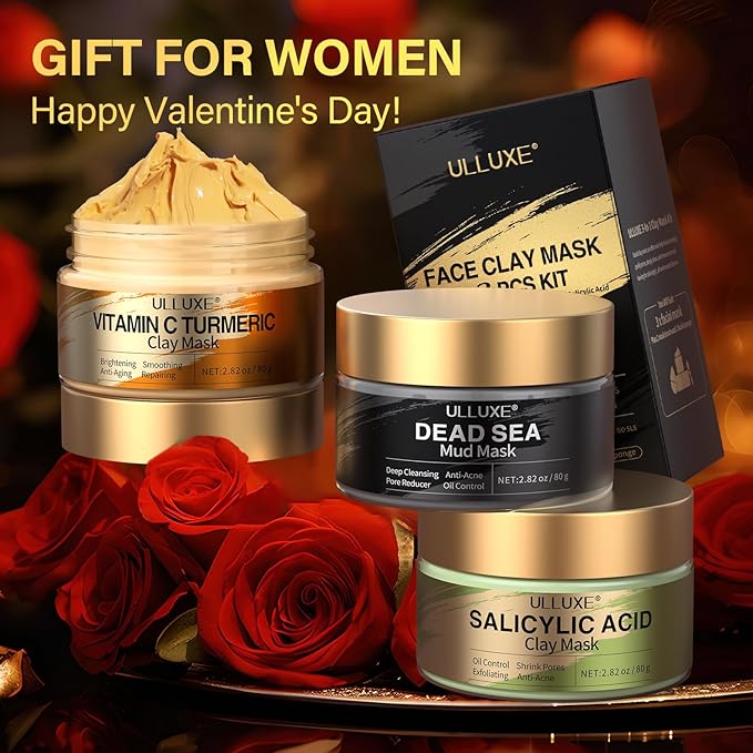 Facial Clay Mask Set - Vitamin C Turmeric Face Mask, Dead Sea Mud & Salicylic Acid (BHA) Mask for Pore Cleansing, Brightening, Blackheads & Dark Spots, Face Masks Skincare Gift for Women, 2.82 oz each