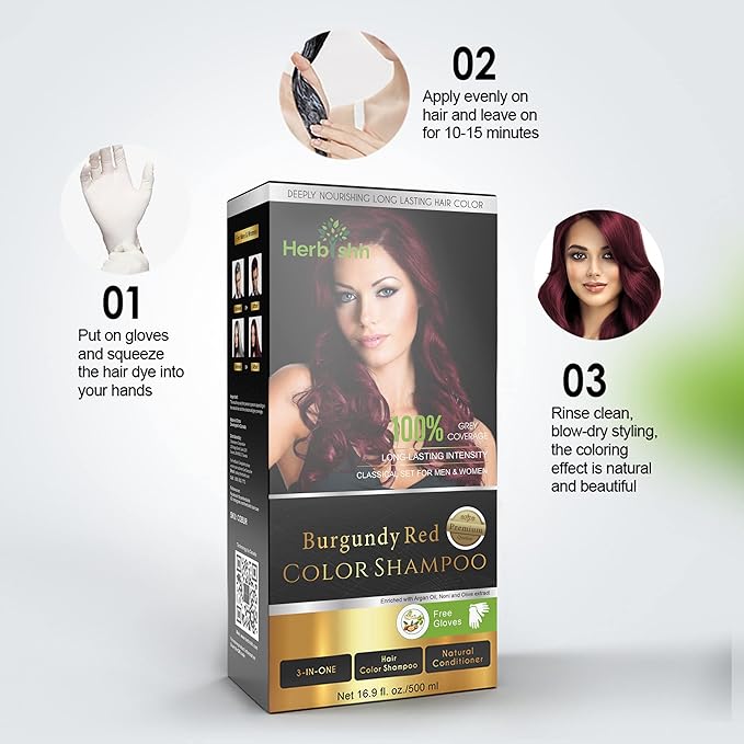Herbishh Color Shampoo for Gray Hair Coverage (Burgundy) –Hair Dye 3-in-1 Shampoo- Colors in Minutes – Lasts Up To 2-3 Weeks – 500 mL – Ideal for Men & Women