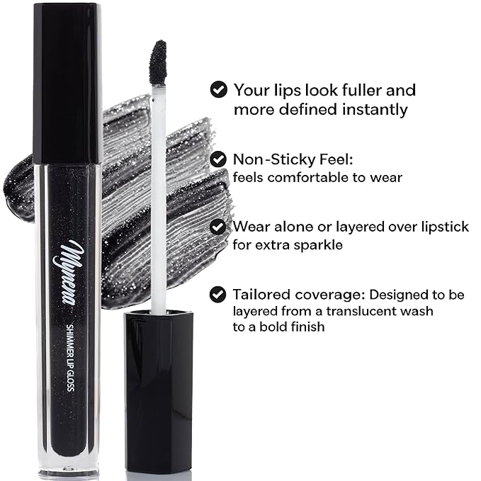 Mynena Black Shimmer Lip Gloss Non-Sticky Filled with Iridescent Sparkles | Lightweight Lip Topper | Paraben-Free | Demi-Sheer Lipgloss from Cosplay to Everyday Glam | Ivony